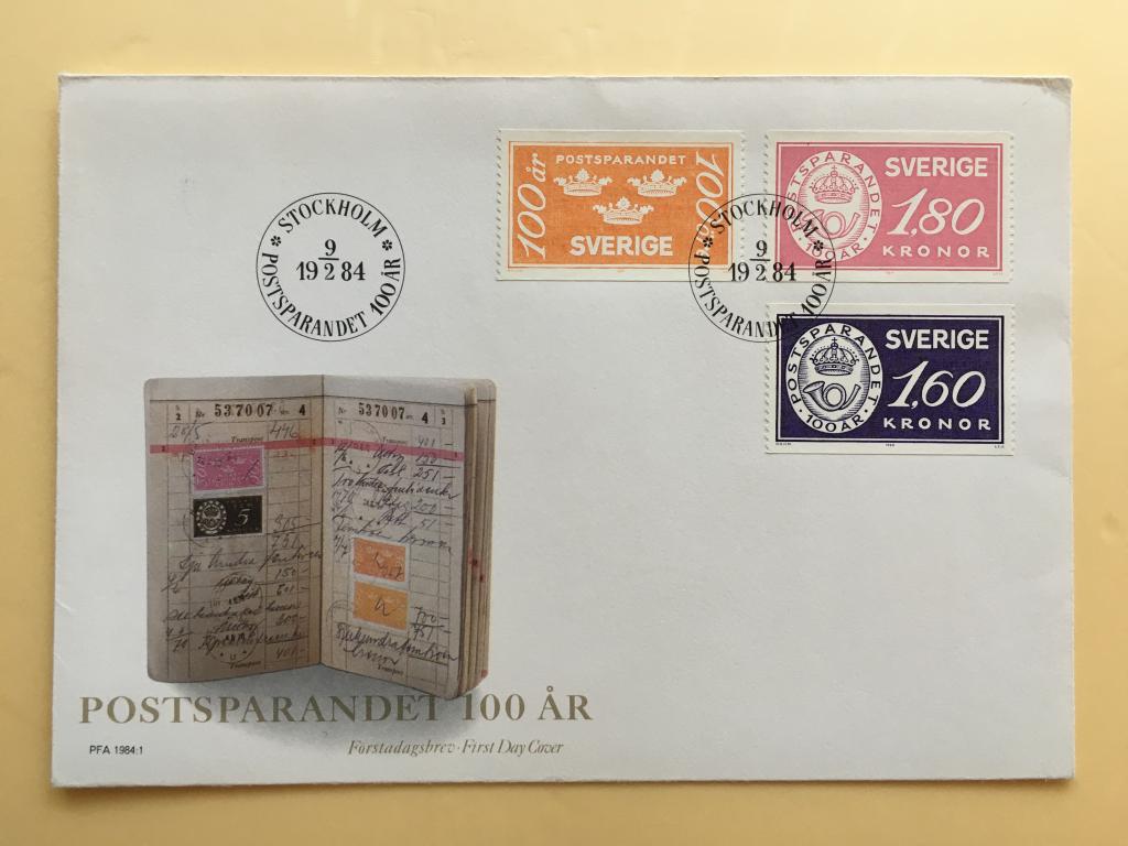Швеция 1984 год, конверт FDC MI 1267-69, 100 ЛЕТ ПОЧТОВОЙ СБЕРЕГАТЕЛЬНОЙ КАССЕ