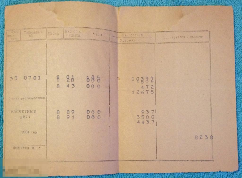 Рассчетный листок СТАЛИНГРАДГИДРОСТРОЙ 1961 год трт1 