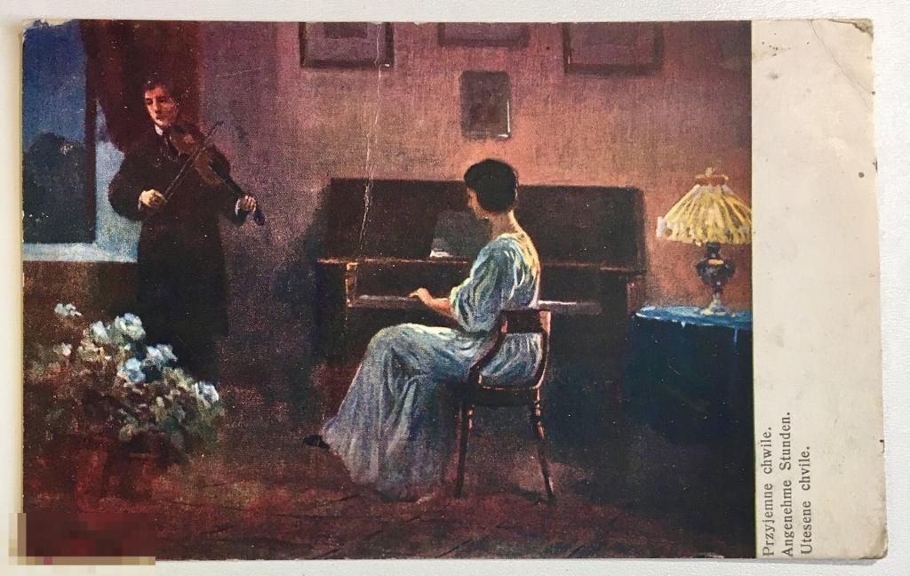 открытка живопись МУЗЫКАЛЬНЫЕ ИНСТРУМЕНТЫ ПИАНИНО СКРИПКА девушка 1916 год 160 