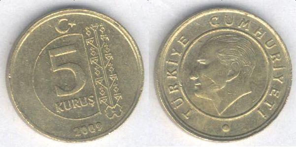 Монета Турция 5 курушей 2009 г. XF-