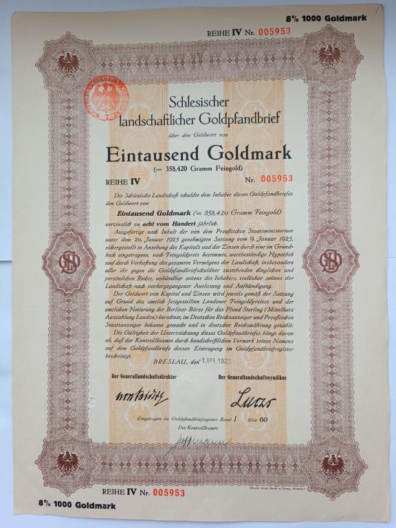 Германия акция облигация 1000 Голдмарок 8% годовых 1925 год №005953