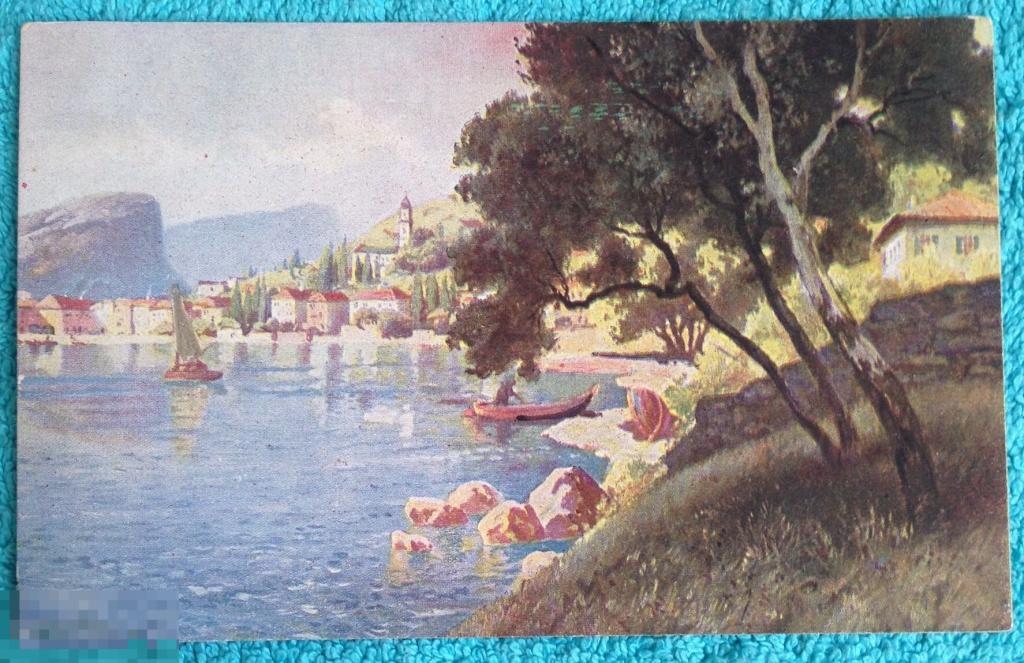 открытка ЧИСТАЯ живопись лодка парус у берега начало 20 века 068 