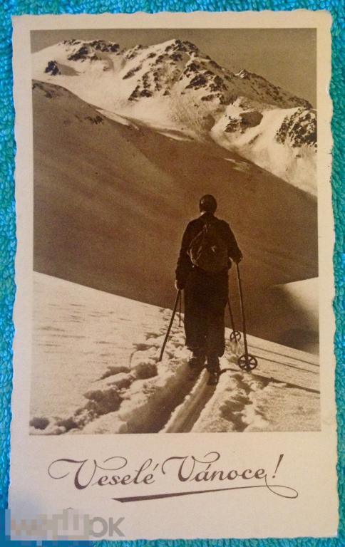 открытка поздравительная С РОЖДЕСТВОМ! лыжник Чехия 1937 год 148 