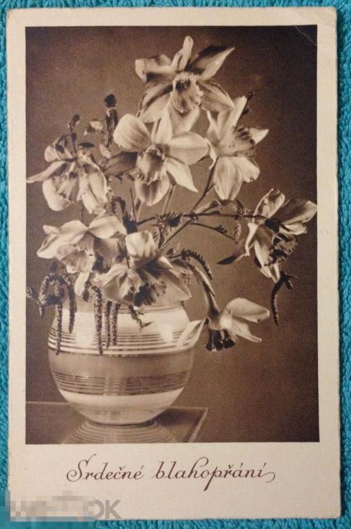 открытка СЕРДЕЧНО ПОЗДРАВЛЯЮ цветы в вазе Чехия 1941 год 144 