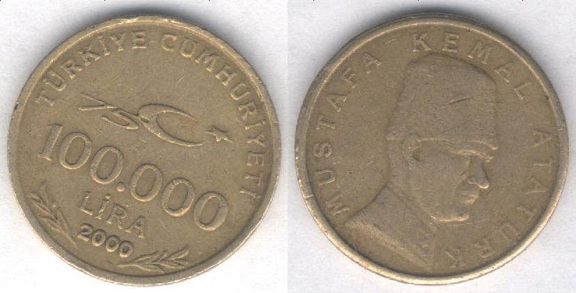 Монета Турция 100 000 лир 2000 г. F (1)
