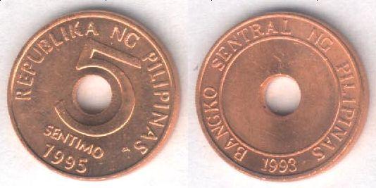Монета Филиппины 5 сентимо 1995 г. UNC