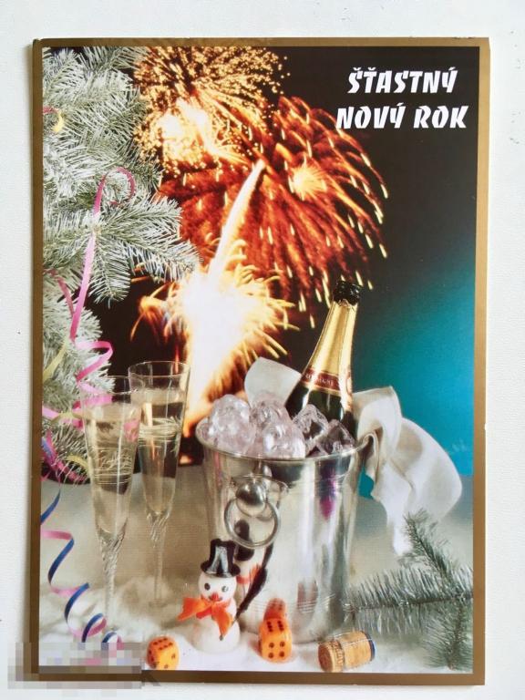 открытка С НОВЫМ ГОДОМ фейерверк снеговик игральные кости Чехия ЧИСТАЯ 173 