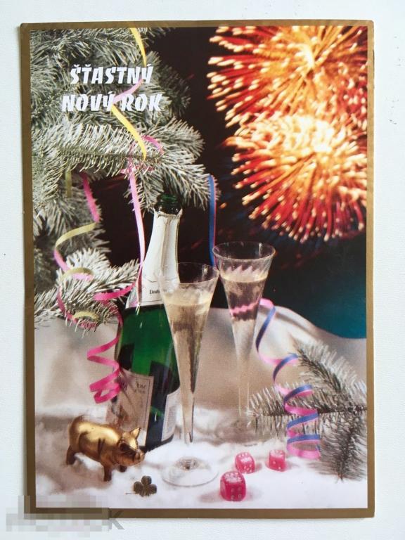 открытка С НОВЫМ ГОДОМ фейерверк поросёнок клевер игральные кости Чехия ЧИСТАЯ 173 