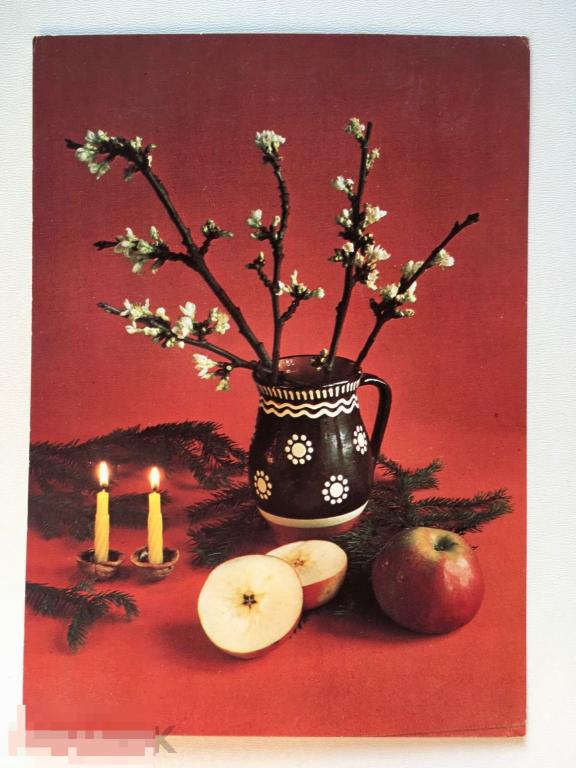 открытка С РОЖДЕСТВОМ С НОВЫМ ГОДОМ яблоки кувшин Чехия 1979 год 177 