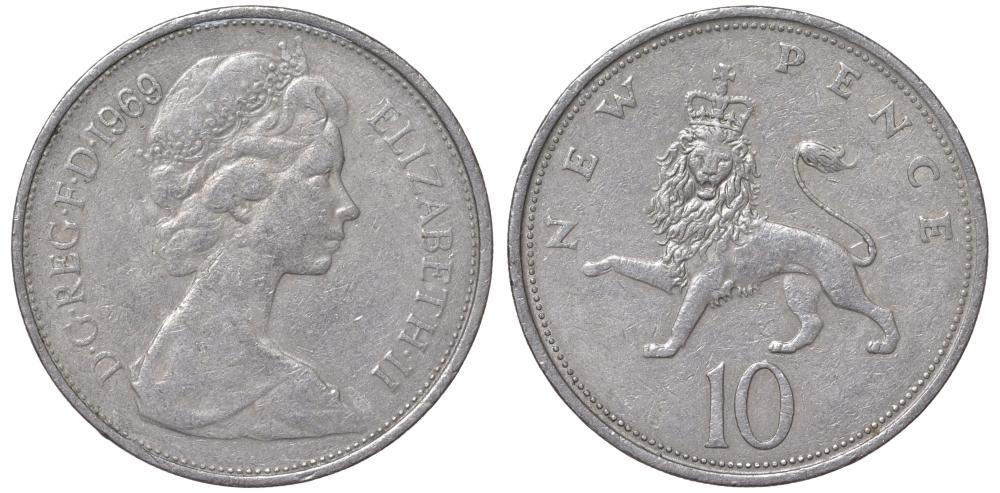 Великобритания 10 пенсов 1969 Елизавета II 18-644