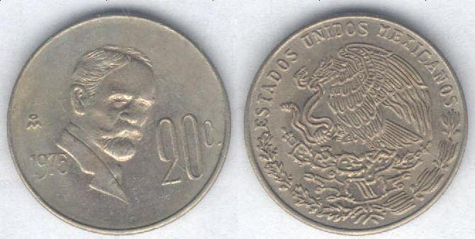 Монета Мексика 20 сентаво 1975 г. XF