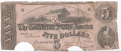 КША Конфедераты Ричмонд 5 долларов 1862 г. бумага белая (не розовая)
