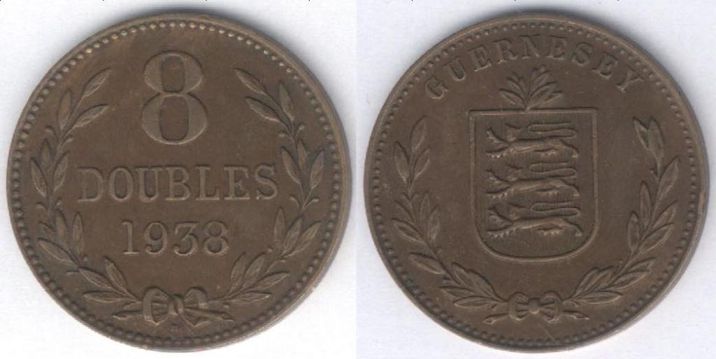 Монета Гернси 8 дублей 1938 г. VF