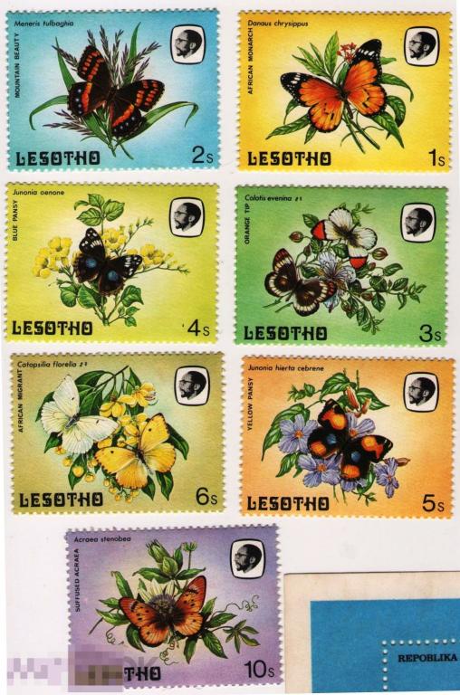 ЛЕСОТО 1984 ФАУНА АФРИКИ НАСЕКОМЫЕ БАБОЧКИ НА ЦВЕТАХ  Полная серия из 7 марок 