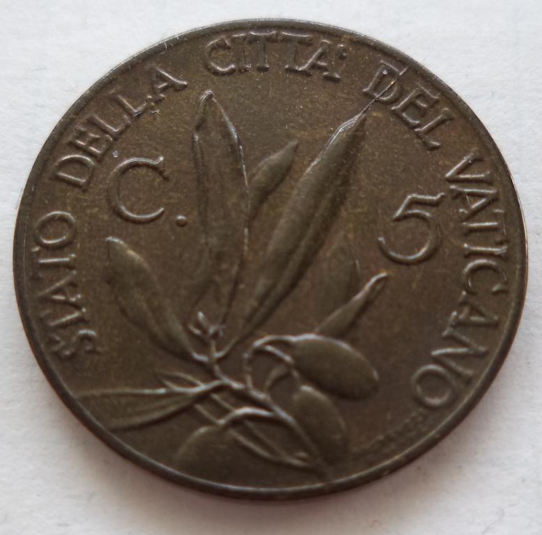 Ватикан 5 чентезими 1940 год UNC