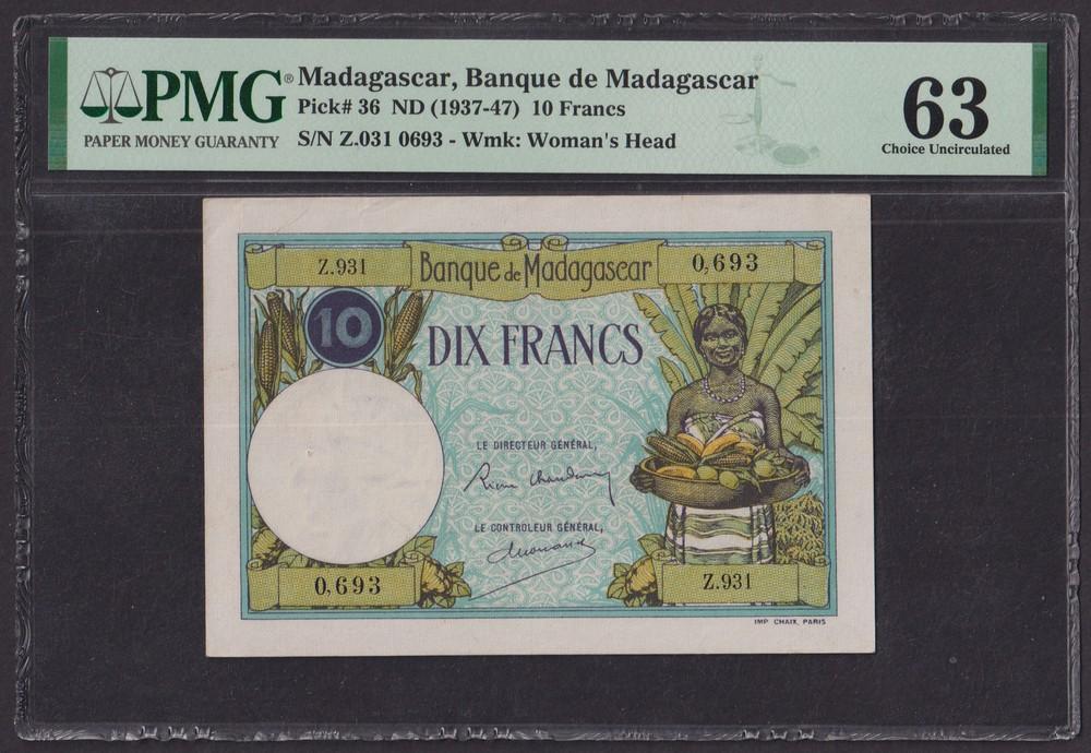 Мадагаскар 10 франков 1937-1947 гг. (P-36a.2)  PMG 63 UNC