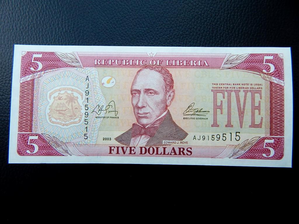Бона 5 долларов 2003 года серии "AJ" Либерия UNC