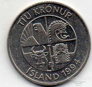 Исландия 10 крон  1994г.  KM#29.1  26_10_12