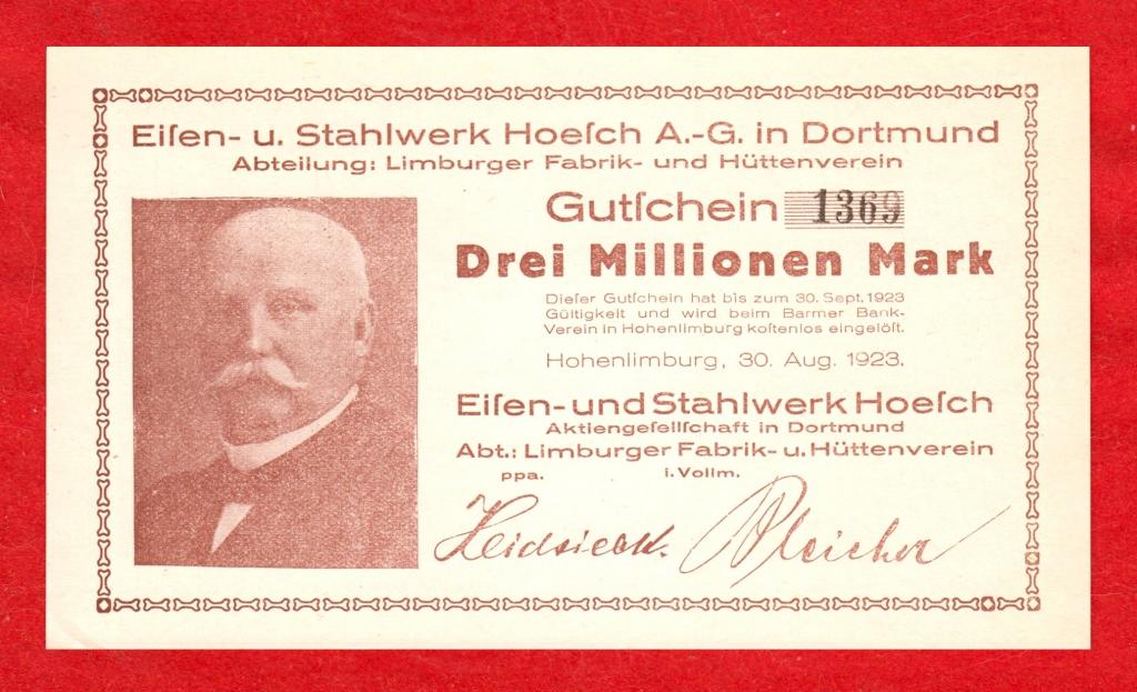 Германия, Металлургический завод, г.Гогенлимбург, 3000000 марок, 1923, UNC/UNC-, № 1369, РЕДКОСТЬ