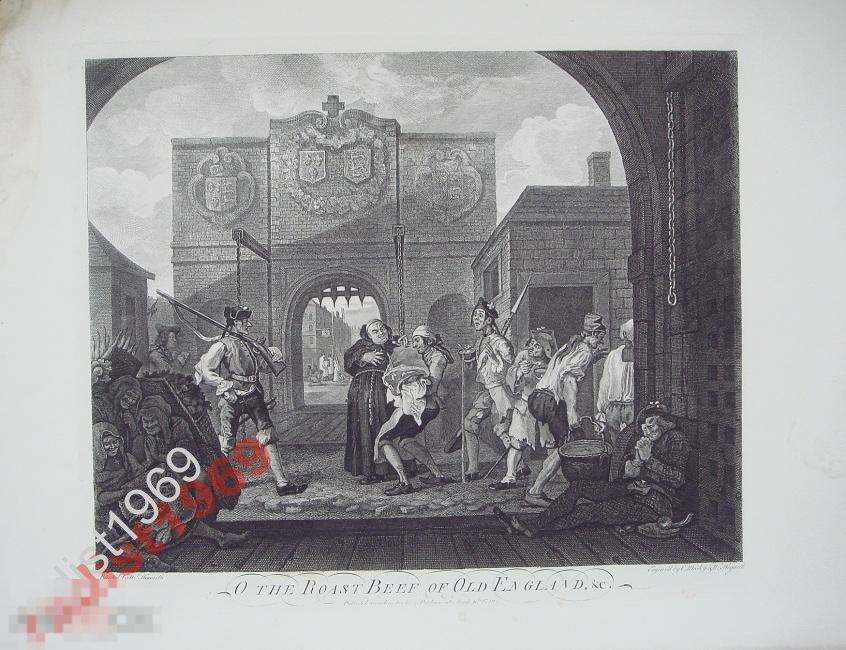 БОЛЬШАЯ ГРАВЮРА 1822 г. ХОГАРТ. ВОРОТА КАЛЕ. О, РОСТБИФ СТАРОЙ АНГЛИИ 