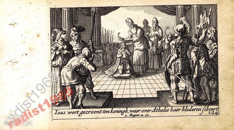 ГРАВЮРА 1659 г. БИБЛЕЙСКАЯ ИСТОРИЯ. ИОАС ПОМАЗАН НА ЦАРСТВО 