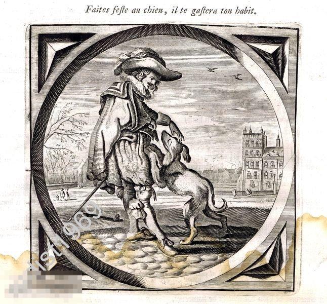ГРАВЮРА ок. 1632 (1700) г. КАТС. БЛАГОДАРНОСТЬ СОБАКИ 