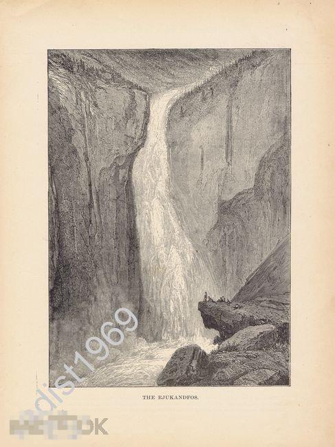 ГРАВЮРА 1892 г. СКАНДИНАВИЯ. НОРВЕГИЯ. ВОДОПАД РЬЮКАНФОССЕН 