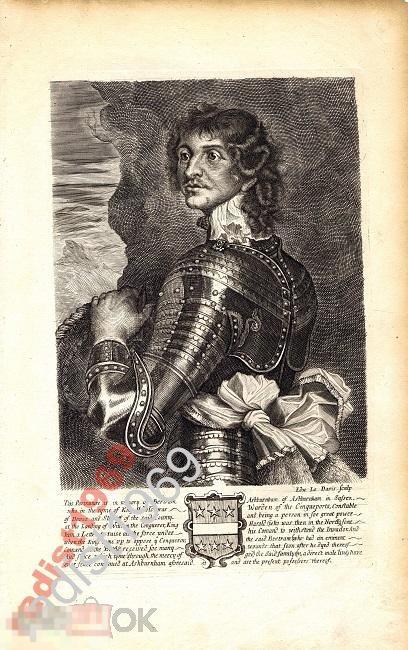 ГРАВЮРА 1679 г. ШЕРИФ БЕРТРАМ АШБЕРНЕМ, ПОРТРЕТ. ГЕРАЛЬДИКА. РОДОВОЙ ГЕРБ 