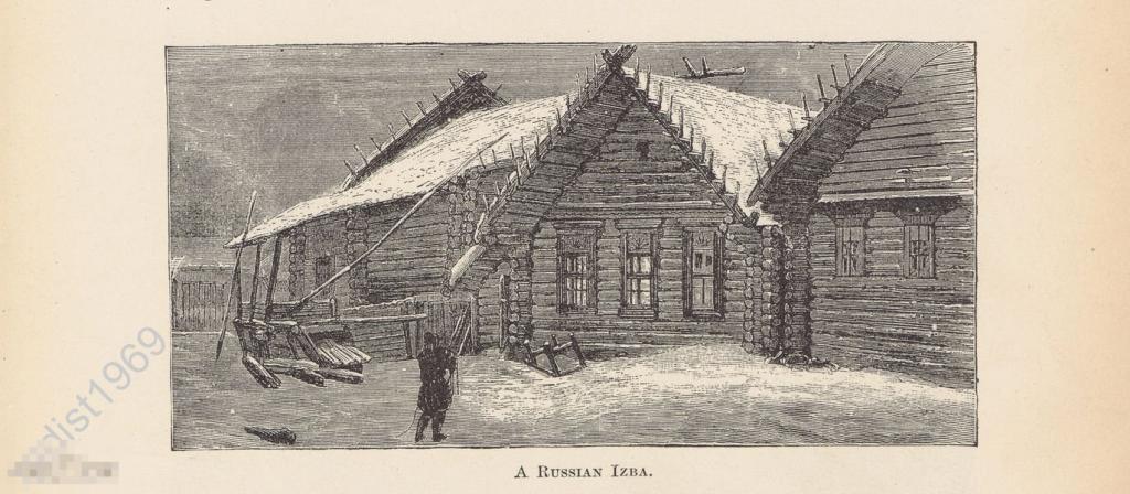 ГРАВЮРА 1892 г. РУССКАЯ ИЗБА. РЕКА ДНЕПР У КИЕВА. УКРАИНА 