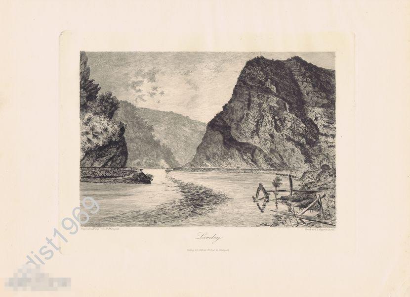 БОЛЬШАЯ ГРАВЮРА 1891 г. БЕРНХАРД МАННФЕЛЬД `РЕЙНСКИЕ ЗЕМЛИ`. ЛОРЕЛЕЙ. ГЕРМАНИЯ. ПЕЙЗАЖ 
