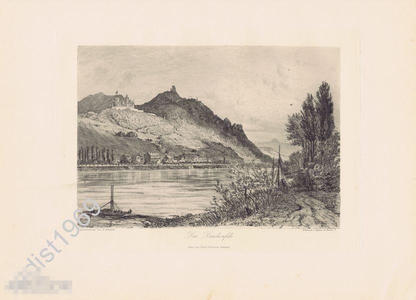 БОЛЬШАЯ ГРАВЮРА 1891 г. БЕРНХАРД МАННФЕЛЬД `РЕЙНСКИЕ ЗЕМЛИ`. ДРАХЕНФЕЛЬС. ГЕРМАНИЯ. ПЕЙЗАЖ 