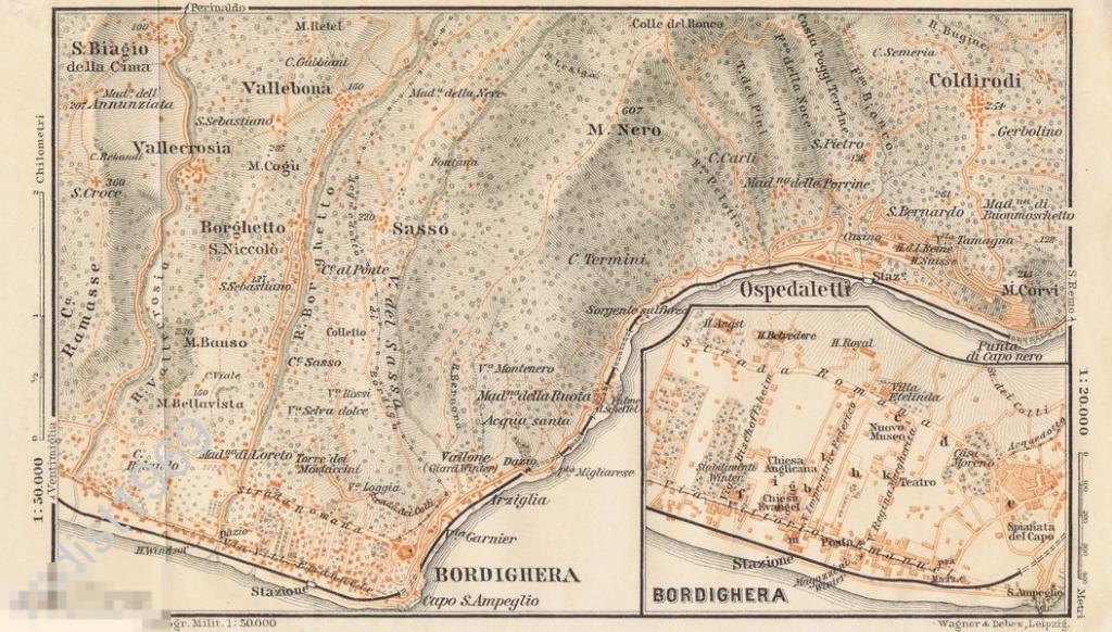 1902 г. ПЛАН (КАРТА). ИТАЛИЯ. ГОРОД БОРДИГЕРА И ОКРЕСТНОСТИ. БЕДЕКЕР 