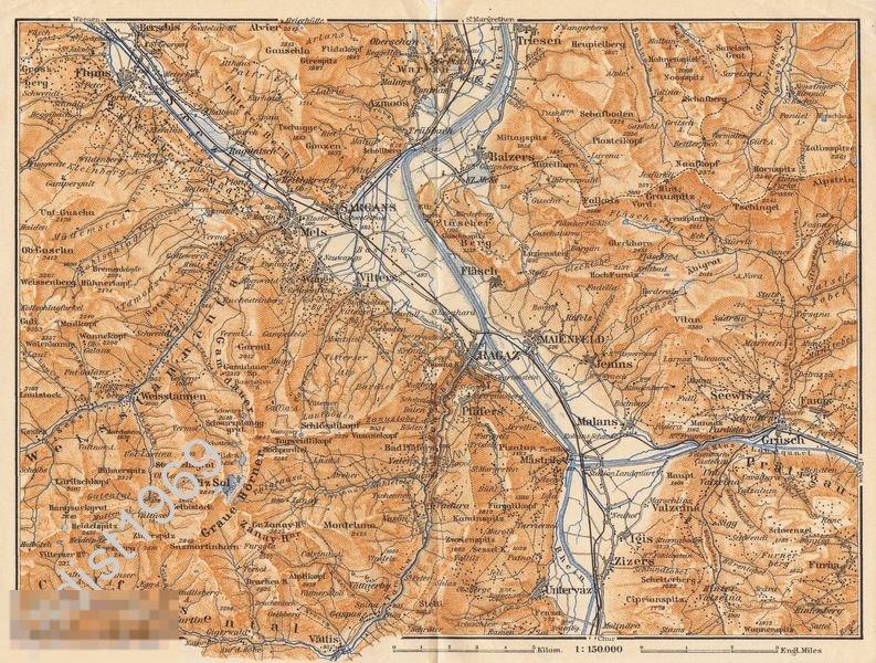 1905 г. КАРТА (ПЛАН). ШВЕЙЦАРИЯ. КАНТОН САНКТ-ГАЛЛЕН. РАГАЦ, ЗАРГАНС. БЕДЕКЕР 