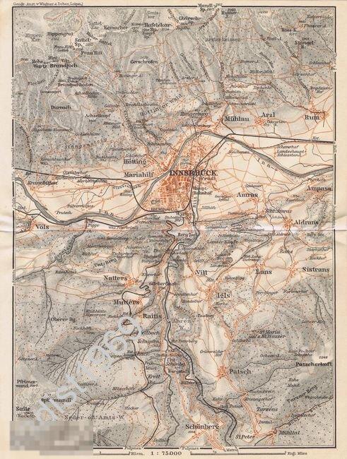 ГЕОГРАФИЧЕСКАЯ КАРТА 1912 г. АВСТРИЯ. ГОРОД ИНСБРУК И ЕГО ОКРЕСТНОСТИ. БЕДЕКЕР 