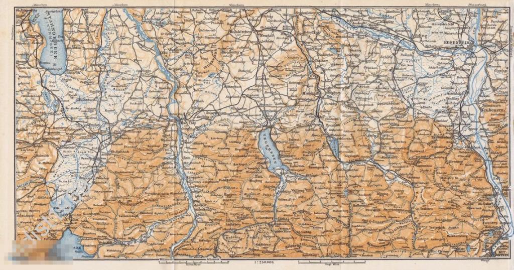 ГЕОГРАФИЧЕСКАЯ КАРТА 1912 г. ГЕРМАНИЯ. ГОРОД РОЗЕНХАЙМ И ДОЛИНА РЕКИ ИЗАР. БЕДЕКЕР 
