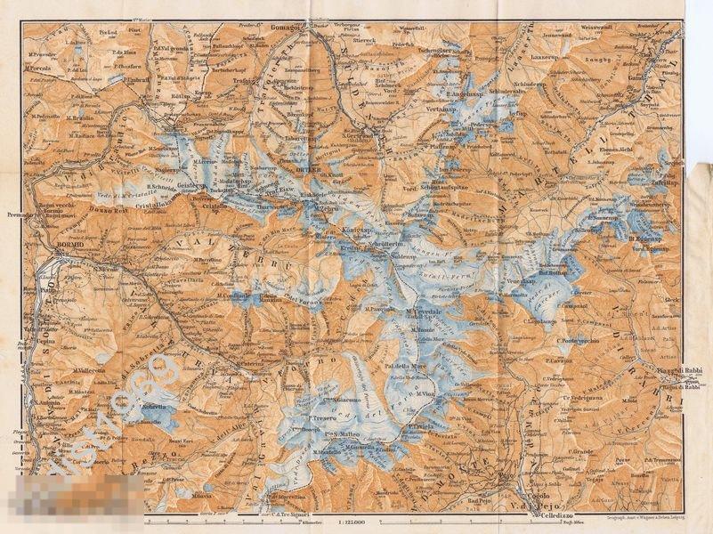 ГЕОГРАФИЧЕСКАЯ КАРТА 1912 г. ИТАЛИЯ. ГОРА ОРТЛЕС И ПРИЛЕГАЮЩИЕ ДОЛИНЫ. БЕДЕКЕР 