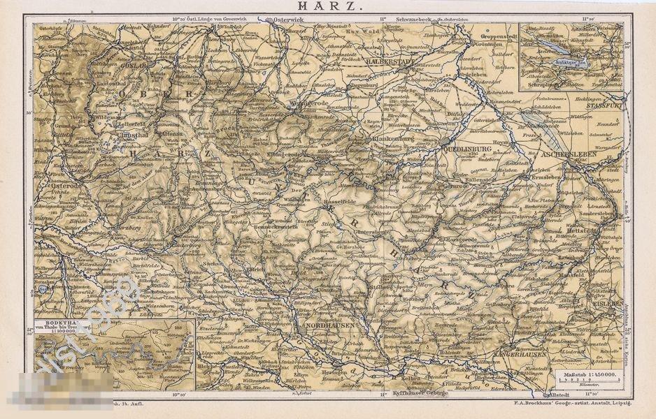 ГЕОГРАФИЧЕСКАЯ КАРТА 1894 г. ГОРЫ ГАРЦ (ХАРЦ), ГЕРМАНИЯ 