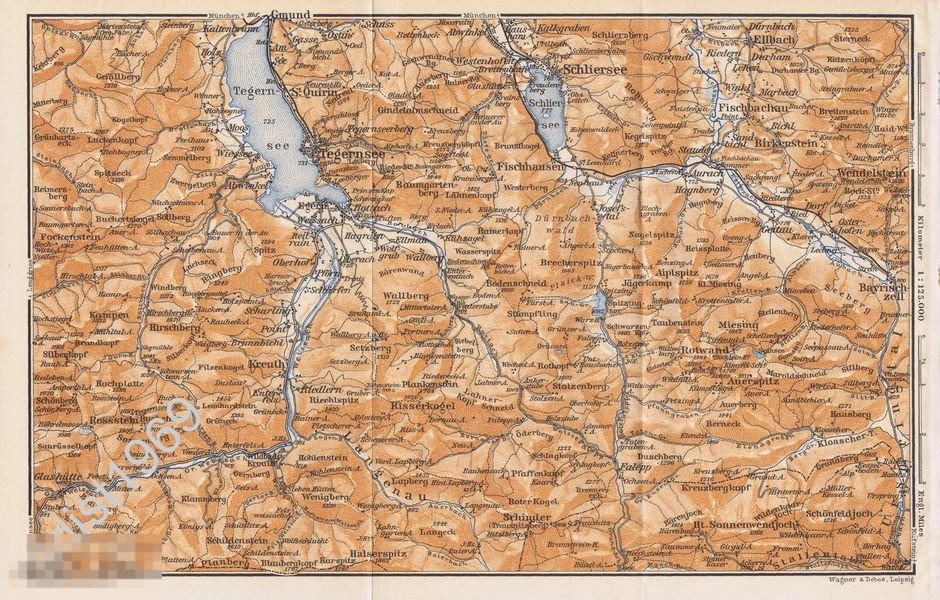 ГЕОГРАФИЧЕСКАЯ КАРТА 1912 г. ГЕРМАНИЯ. ГОРОД ТЕГЕРНЗЕ И ЕГО ОКРЕСТНОСТИ. БЕДЕКЕР 