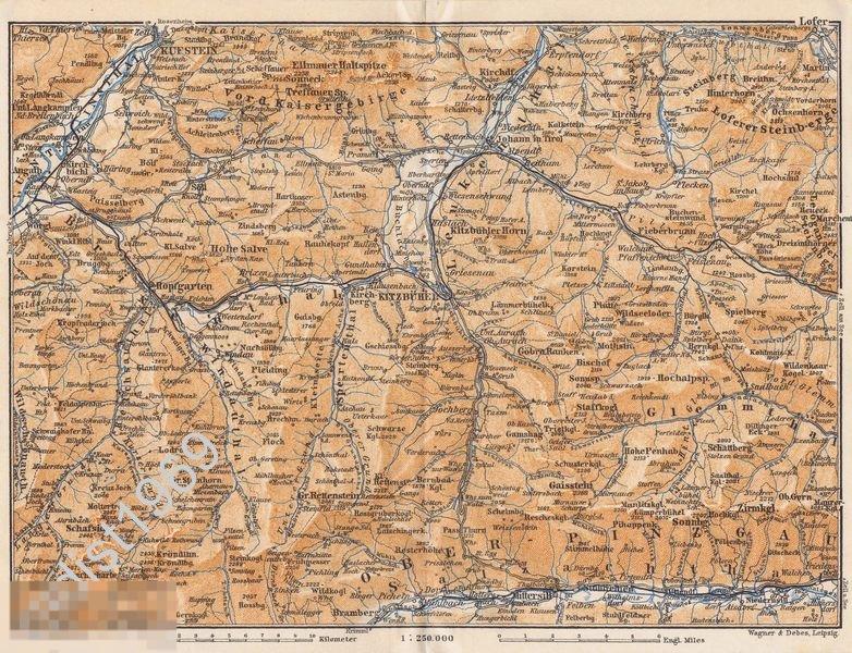 ГЕОГРАФИЧЕСКАЯ КАРТА 1912 г. АВСТРИЯ. ГОРОД КИЦБЮЭЛЬ И ЕГО ОКРЕСТНОСТИ. БЕДЕКЕР 