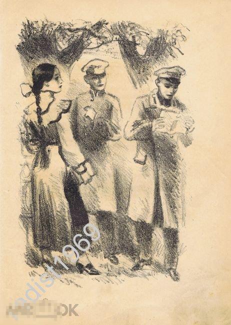 АВТОРСКАЯ ЛИТОГРАФИЯ 1934 г. КОНСТАНТИН РУДАКОВ. ГИМНАЗИСТЫ ПОСЛЕ ЗАНЯТИЙ