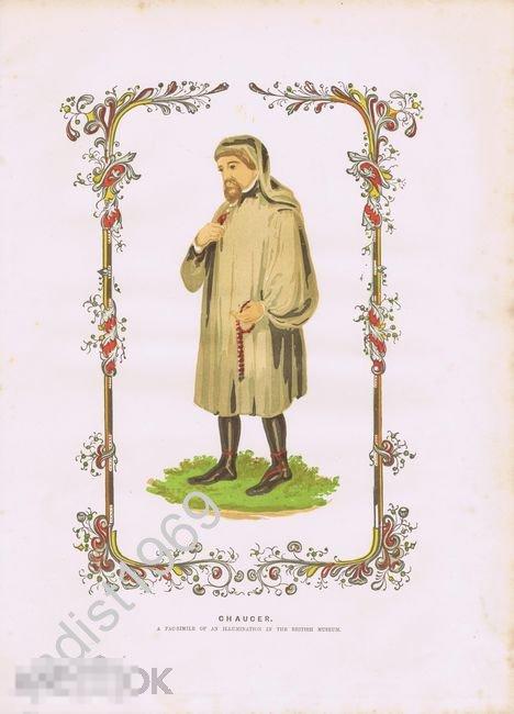 ХРОМОЛИТОГРАФИЯ 1864 г. ПОЭТ ДЖЕФРИ ЧОСЕР. СТАРАЯ АНГЛИЯ 