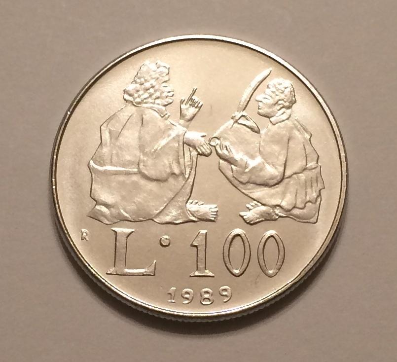 САН-МАРИНО 100 ЛИР 1989 УЧИТЕЛЬ И СТУДЕНТ UNC