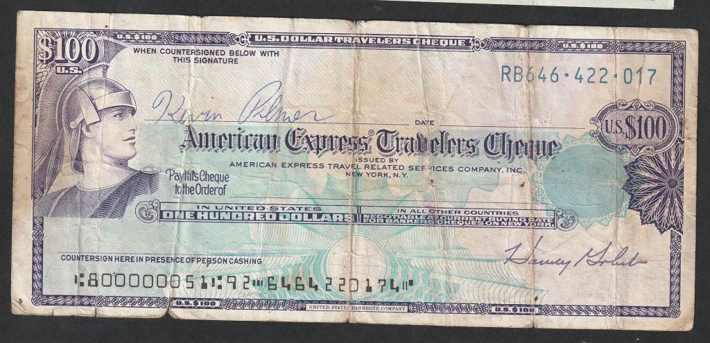 США, чек American Express на 100 долларов