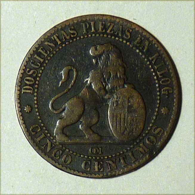 Испания 5 сентимо 1870 года