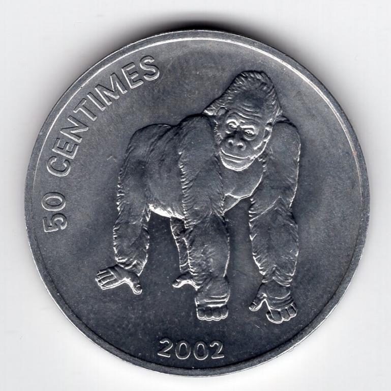 50 сантимов - Конго - 2002 - Обезьяна - Горилла - KM#79 - UNC