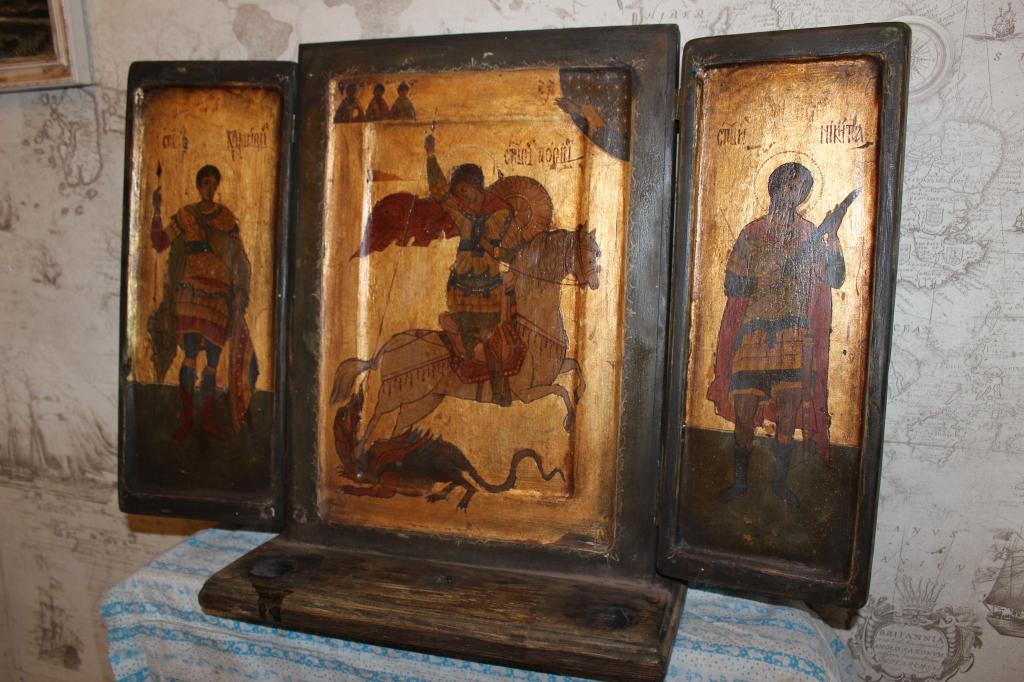 Старинная икона Триптих складень Победоносец 44*61 темпера золото ...