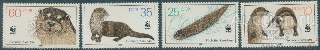 ГДР 1987 3107-3110 WWF. Охраняемые животные - европейская выдра. Фауна 