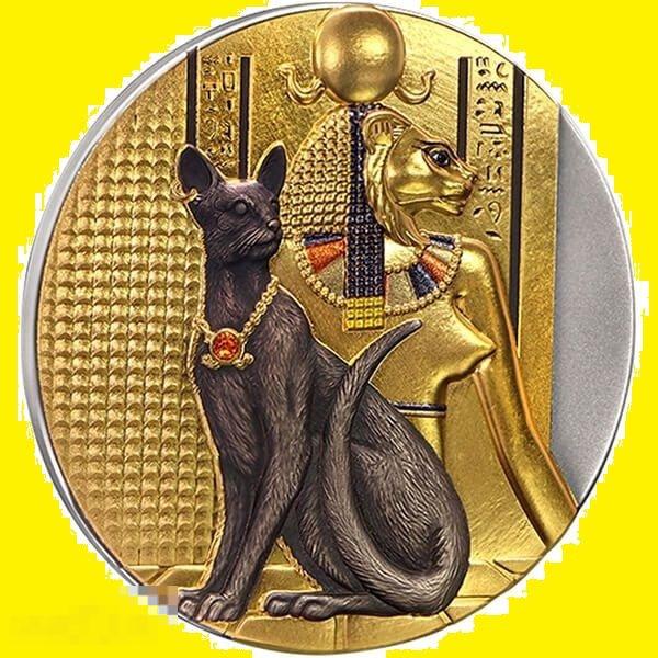 * Ниуэ 5 $ 2023 Сехмет - Леди Пламя * Кошка * Египет * Сваровски * Позолота * Серебро 2 унции