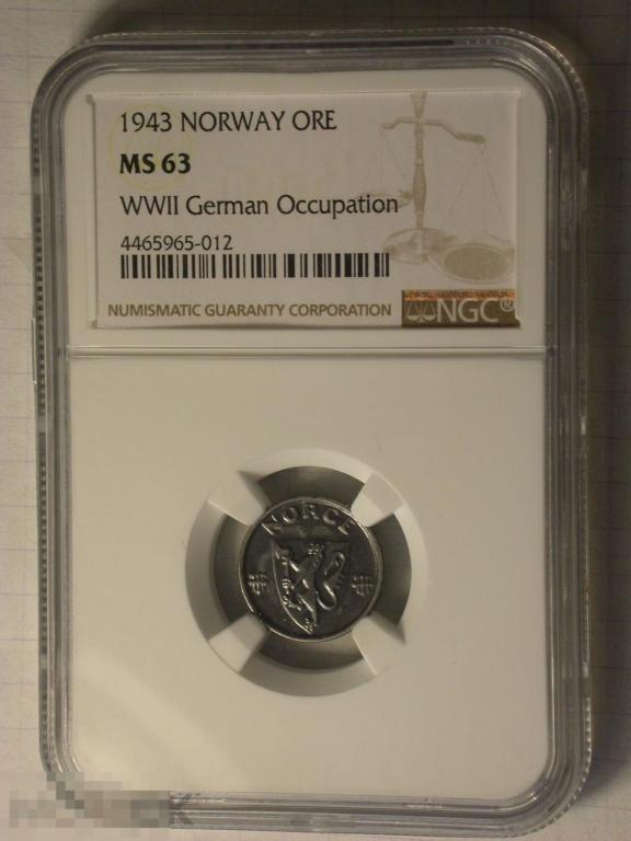 Норвегия  1 Оре 1943 MS - 63 