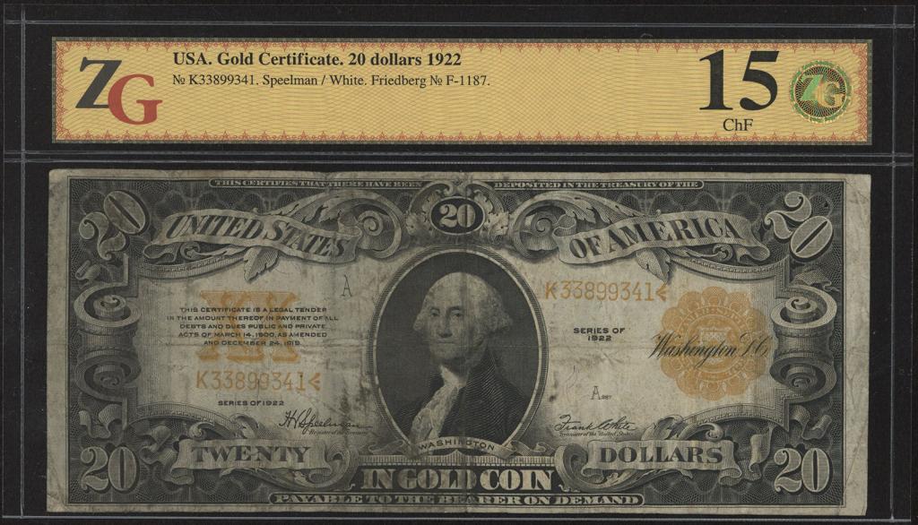 США Gold Certificate 20 долларов 1922 г покупайте на Auction ru по